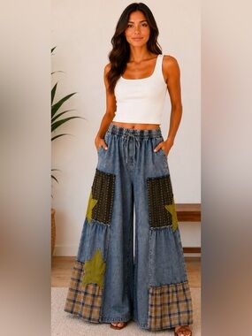 Easel Wide Leg Patchwork Pants with Stars - Size Small and Medium - NWT